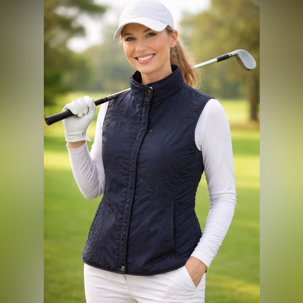 EP Pro Floral Embroidered Golf Vest Navy Quilted Pockets Size L